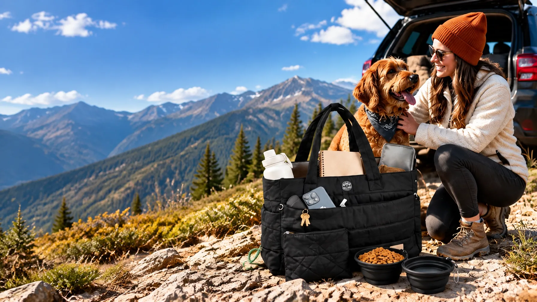A dog and owner ready for a mountain outing with an organized travel tote
