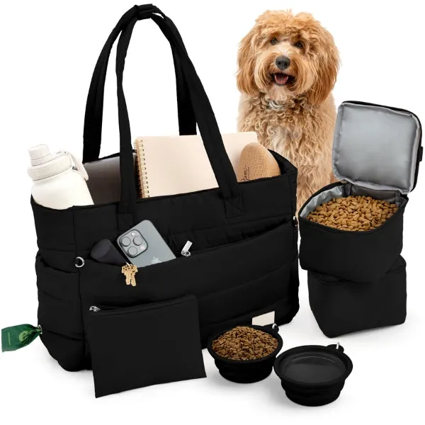 Black quilted dog travel tote with included bowls, food containers and organized essentials