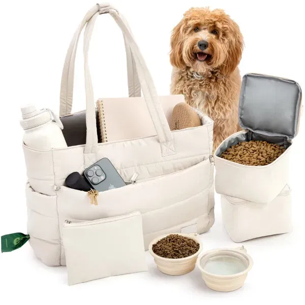 Cream quilted travel tote arranged with its travel bowls and food containers
